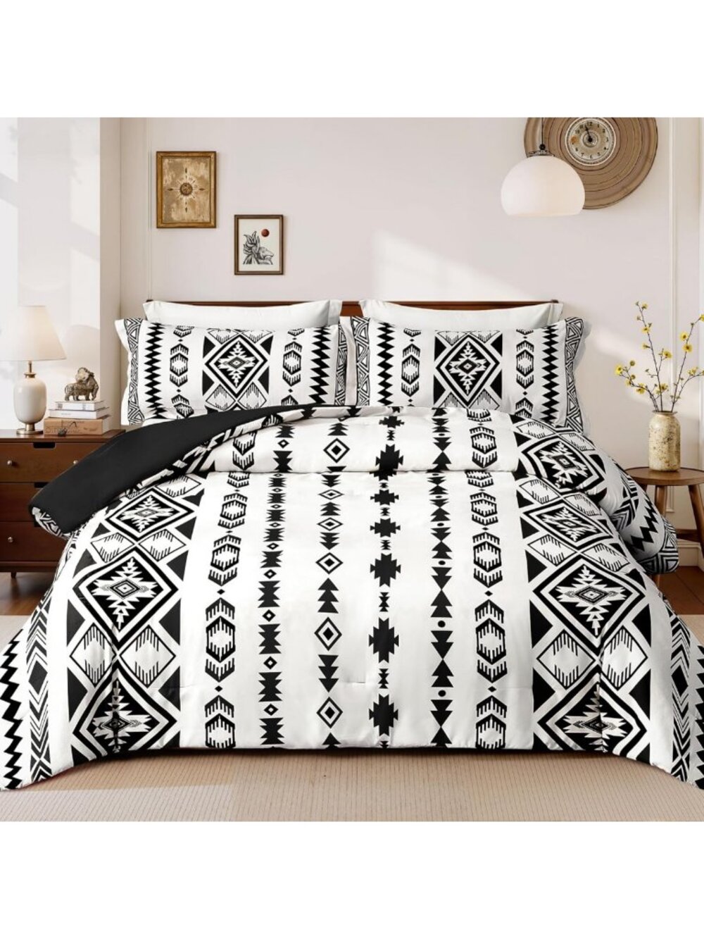 Boho Aztec King Comforter Set - 3 Piece Black White Bedding, Soft Lightweight